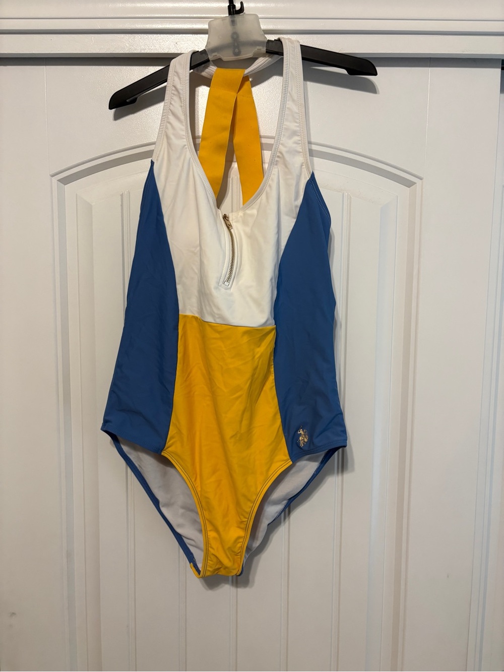 U.S. Polo Assn. White, Blue & Yellow Colorblock Zip-Front One-Piece - Picture 2 of 8
